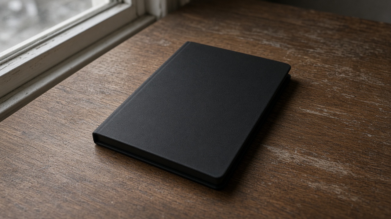 Closed unlabeled black hardcover notebook face-down on a wood desk, blank cover, overcast window light, no people, no logos, no readable text