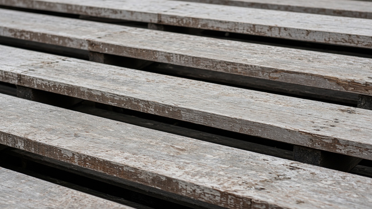 Empty scuffed wooden bleacher plank in overcast daylight, no people, no logos, no readable text