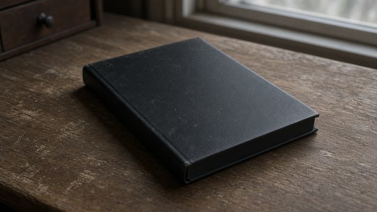 Closed unlabeled black hardcover notebook face-down on a wood desk, blank cover, overcast window light, no people, no logos, no readable text