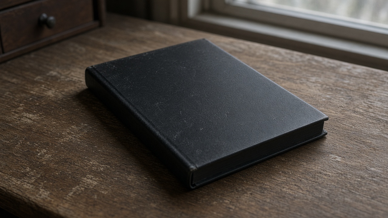 Closed unlabeled black hardcover notebook face-down on a wood desk, blank cover, overcast window light, no people, no logos, no readable text