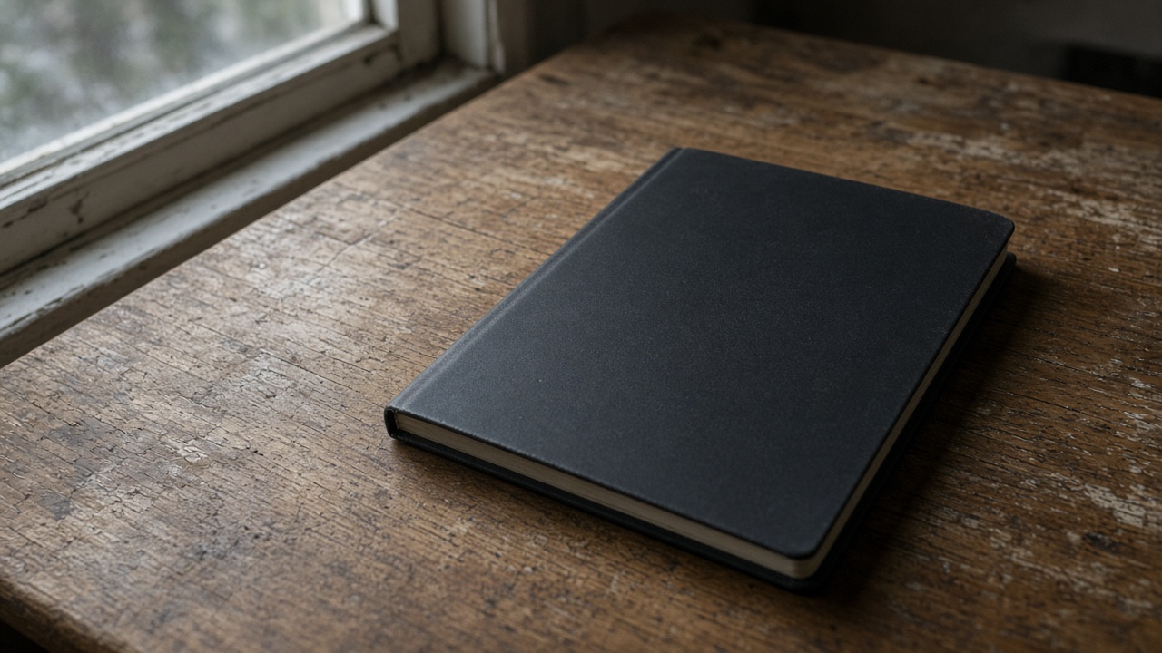 Closed unlabeled black hardcover notebook face-down on a wood desk, blank cover, overcast window light, no people, no logos, no readable text