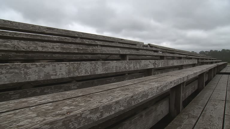 Empty scuffed wooden bleacher plank in overcast daylight, no people, no logos, no readable text