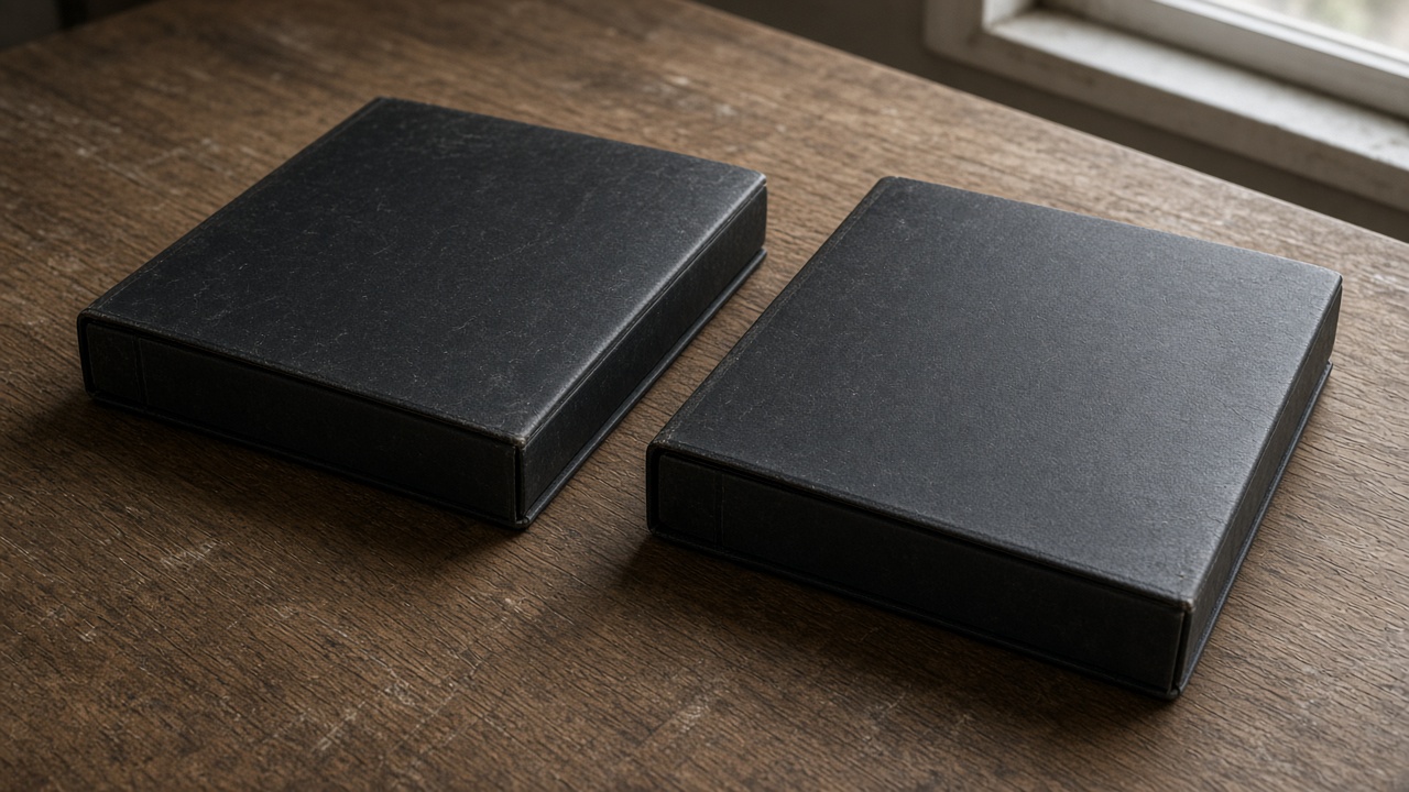 Close-up of closed blank black binders stacked on a wood table, overcast window light, no people, no logos, no readable text