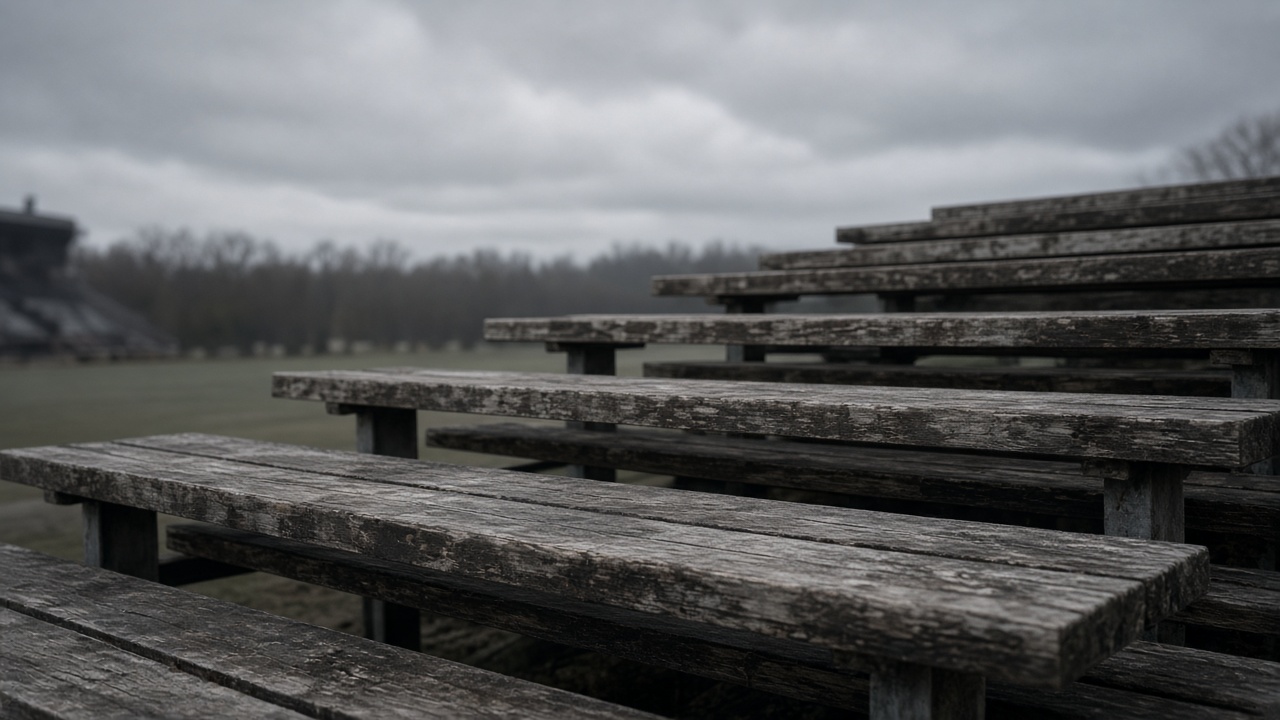 Empty weathered wooden bleacher row, gray overcast sky, no people, no logos, no readable text