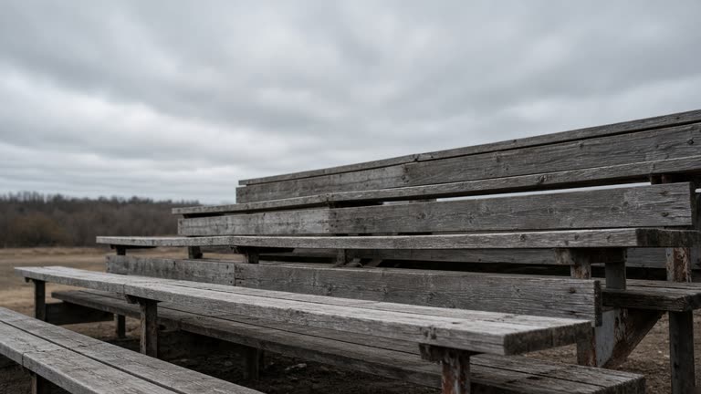 Empty scuffed wooden bleacher plank in overcast daylight, no people, no logos, no readable text