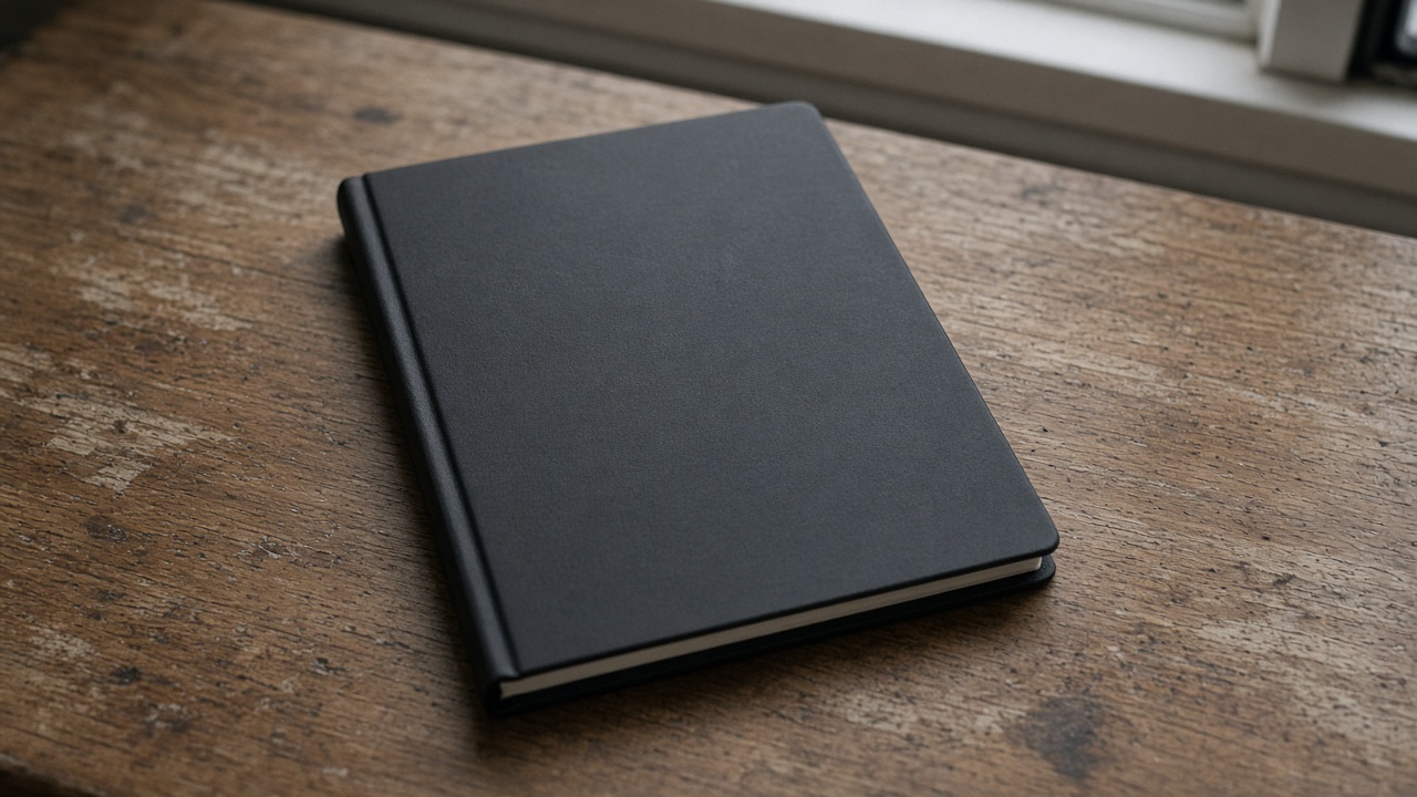 Closed unlabeled black hardcover notebook face-down on a wood desk, blank cover, overcast window light, no people, no logos, no readable text