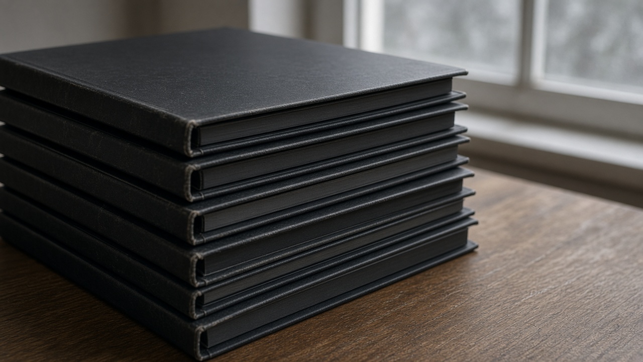 Close-up of closed blank black binders stacked on a wood table, overcast window light, no people, no logos, no readable text