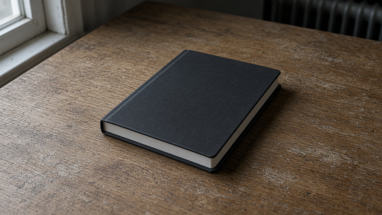 Closed unlabeled dark hardcover notebook face-down on a worn oak desk, blank cover, overcast window light, no people, no logos, no readable text