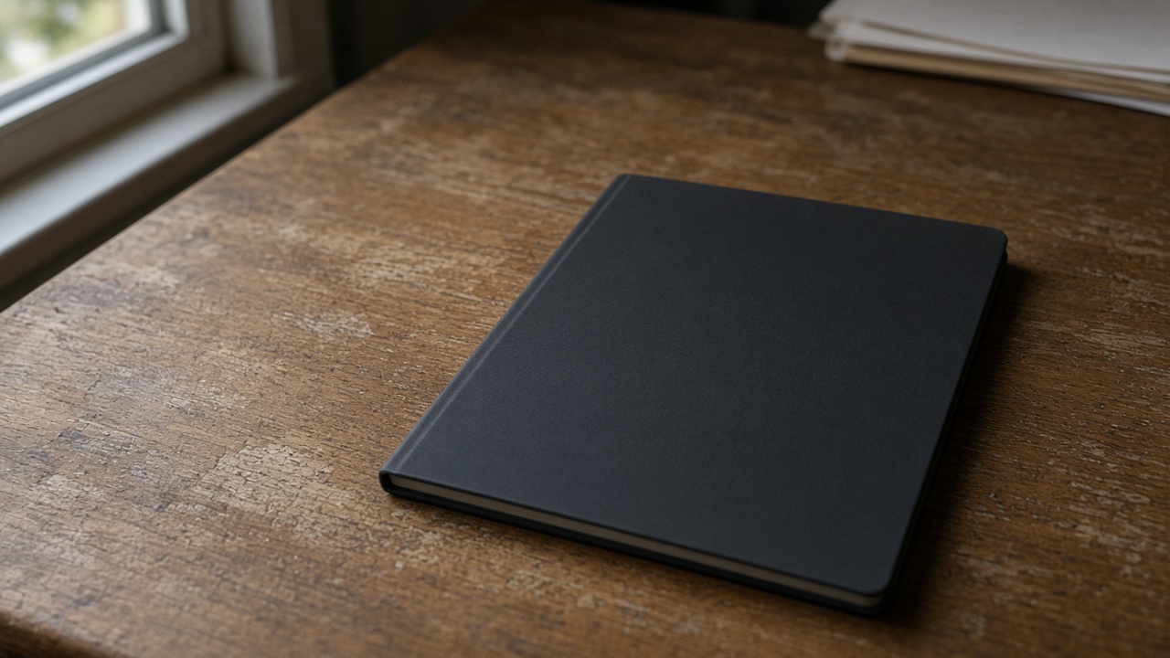 Closed unlabeled black hardcover notebook face-down on a wood desk, blank cover, overcast window light, no people, no logos, no readable text