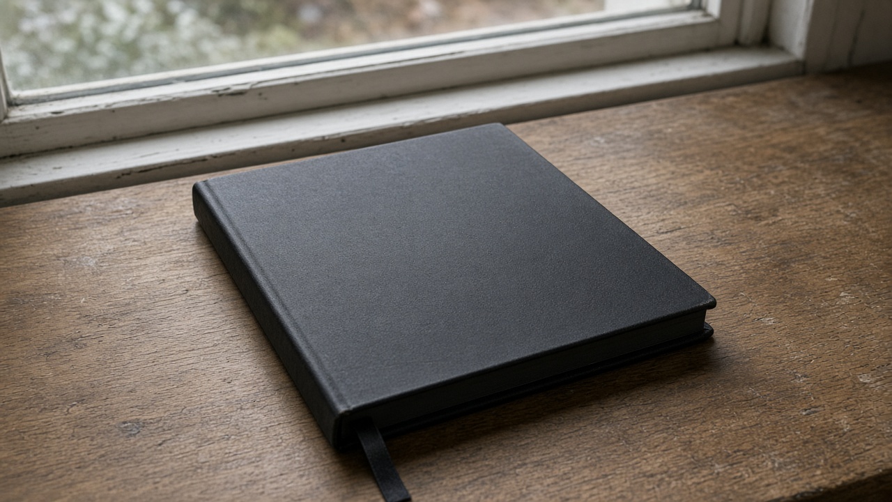Closed unlabeled black hardcover notebook face-down on a wood desk, blank cover, overcast window light, no people, no logos, no readable text