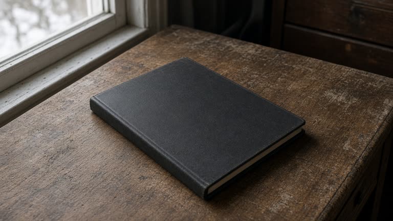 Closed unlabeled black hardcover notebook face-down on a wood desk, blank cover, overcast window light, no people, no logos, no readable text