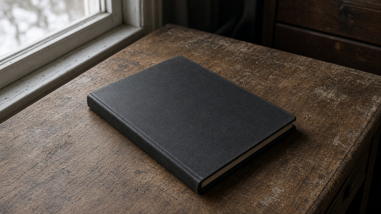 Closed unlabeled black hardcover notebook face-down on a wood desk, blank cover, overcast window light, no people, no logos, no readable text