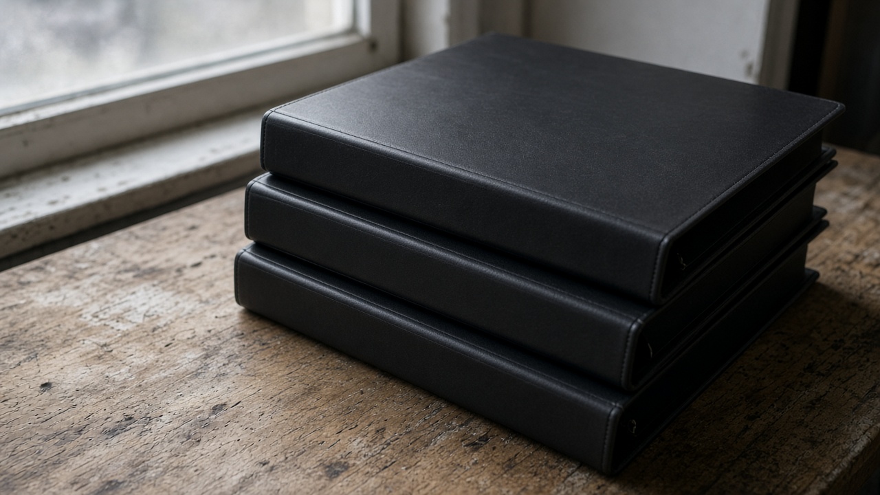 Two closed blank black ring binders on their sides on a wood table, overcast window light, no people, no logos, no readable text
