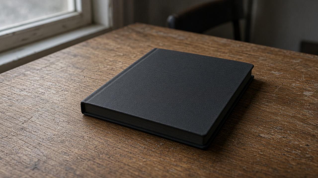 Closed unlabeled black hardcover notebook face-down on a wood desk, blank cover, overcast window light, no people, no logos, no readable text