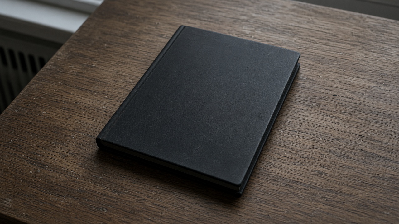 Closed unlabeled black hardcover notebook face-down on a wood desk, blank cover, overcast window light, no people, no logos, no readable text