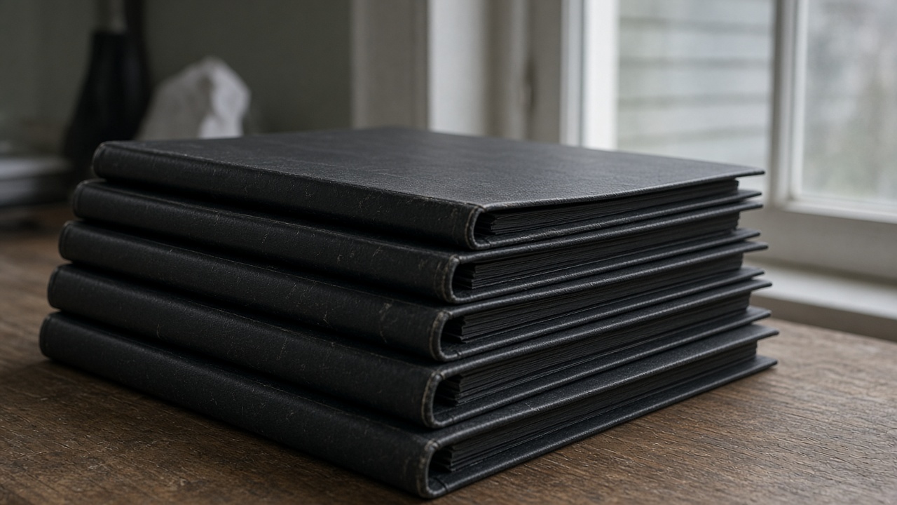 Close-up of closed blank black binders stacked on a wood table, overcast window light, no people, no logos, no readable text