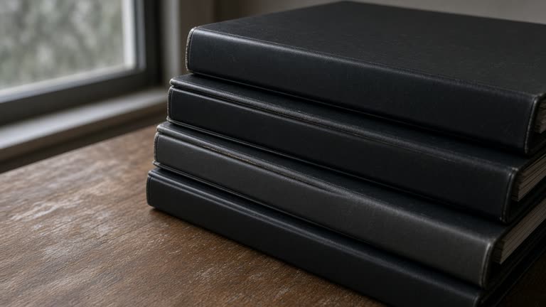Two closed blank black ring binders on their sides on a wood table, overcast window light, no people, no logos, no readable text