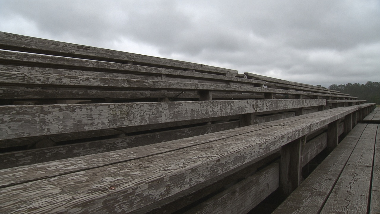 Empty scuffed wooden bleacher plank in overcast daylight, no people, no logos, no readable text