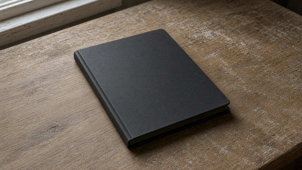 Closed unlabeled black hardcover notebook face-down on a wood desk, blank cover, overcast window light, no people, no logos, no readable text