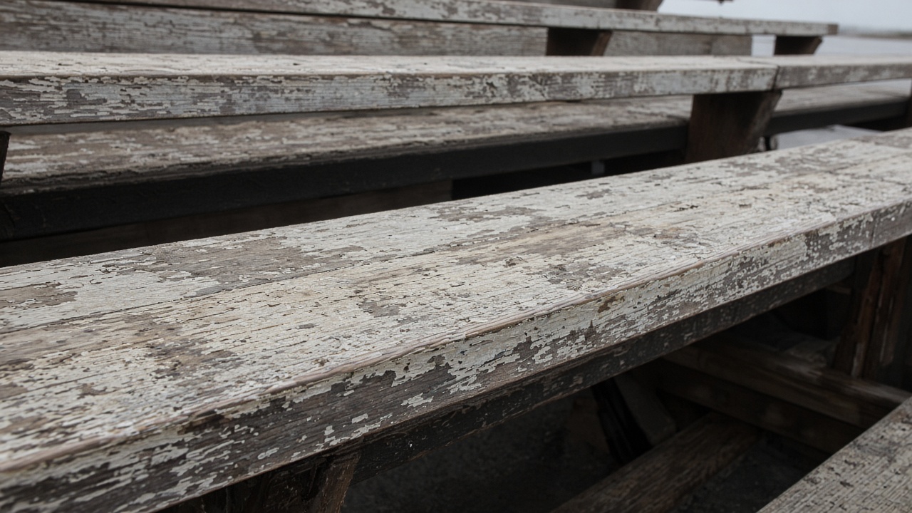 Empty scuffed wooden bleacher plank in overcast daylight, no people, no logos, no readable text