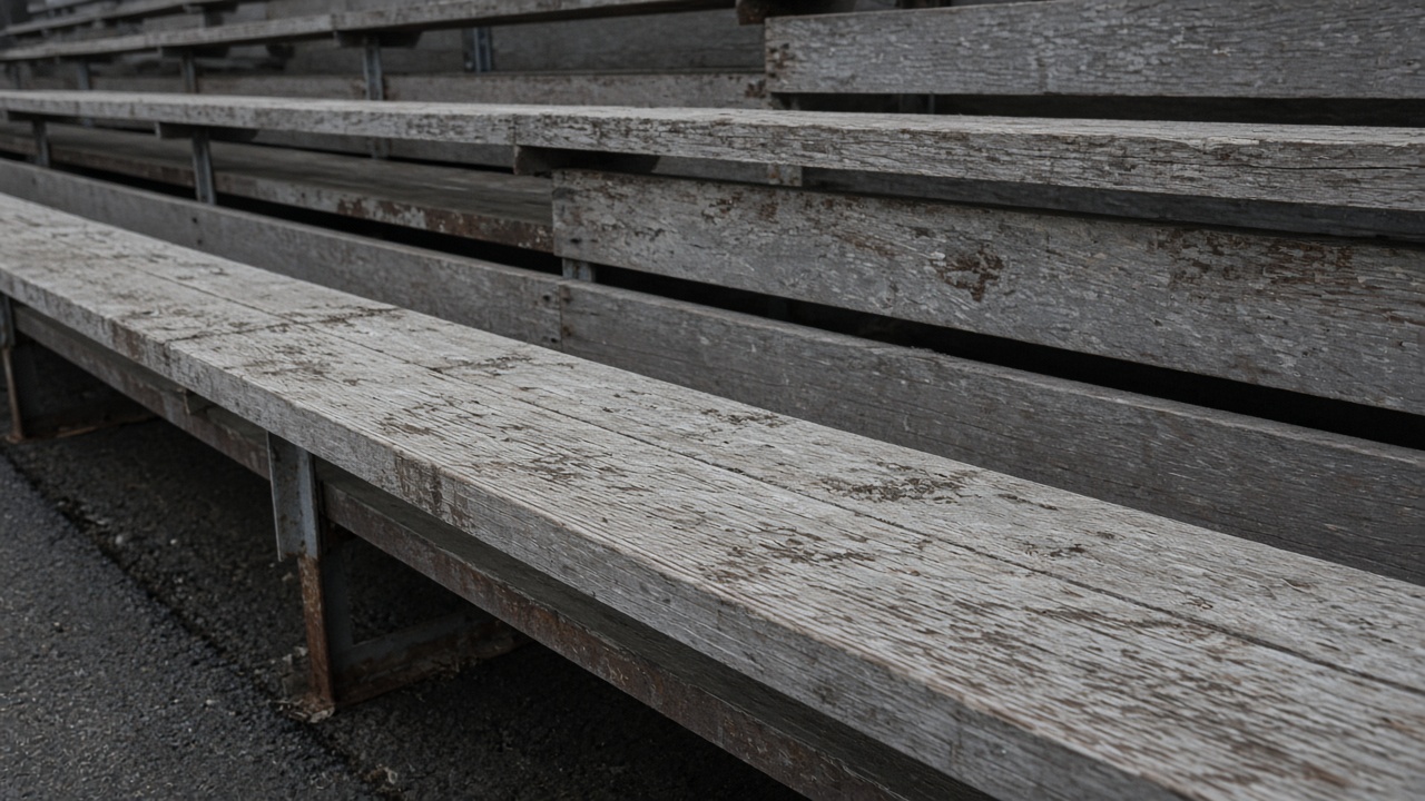 Empty scuffed wooden bleacher plank in overcast daylight, no people, no logos, no readable text