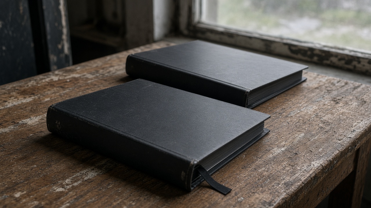 Close-up of closed blank black binders stacked on a wood table, overcast window light, no people, no logos, no readable text