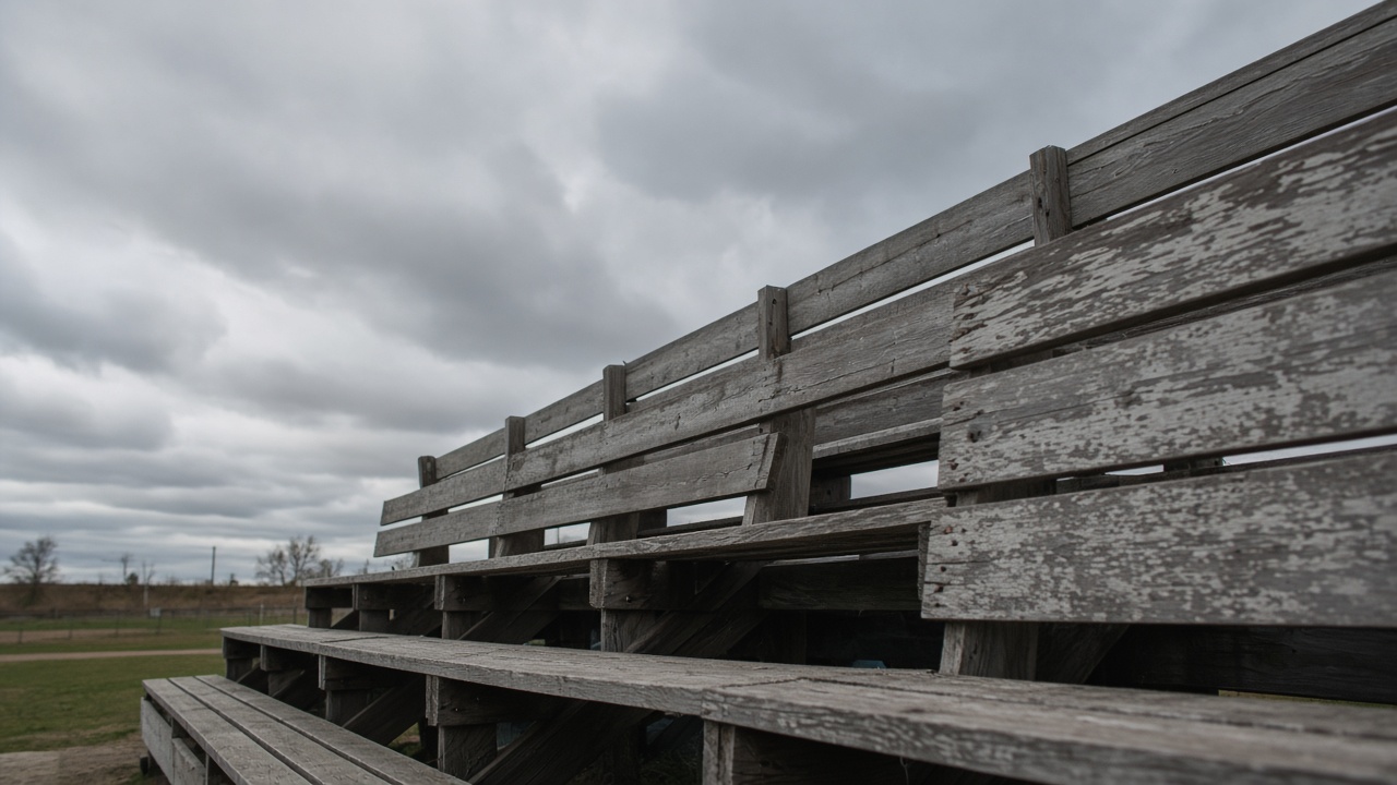 Empty scuffed wooden bleacher plank in overcast daylight, no people, no logos, no readable text