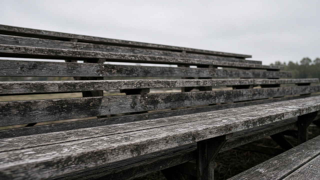 Empty scuffed wooden bleacher plank in overcast daylight, no people, no logos, no readable text