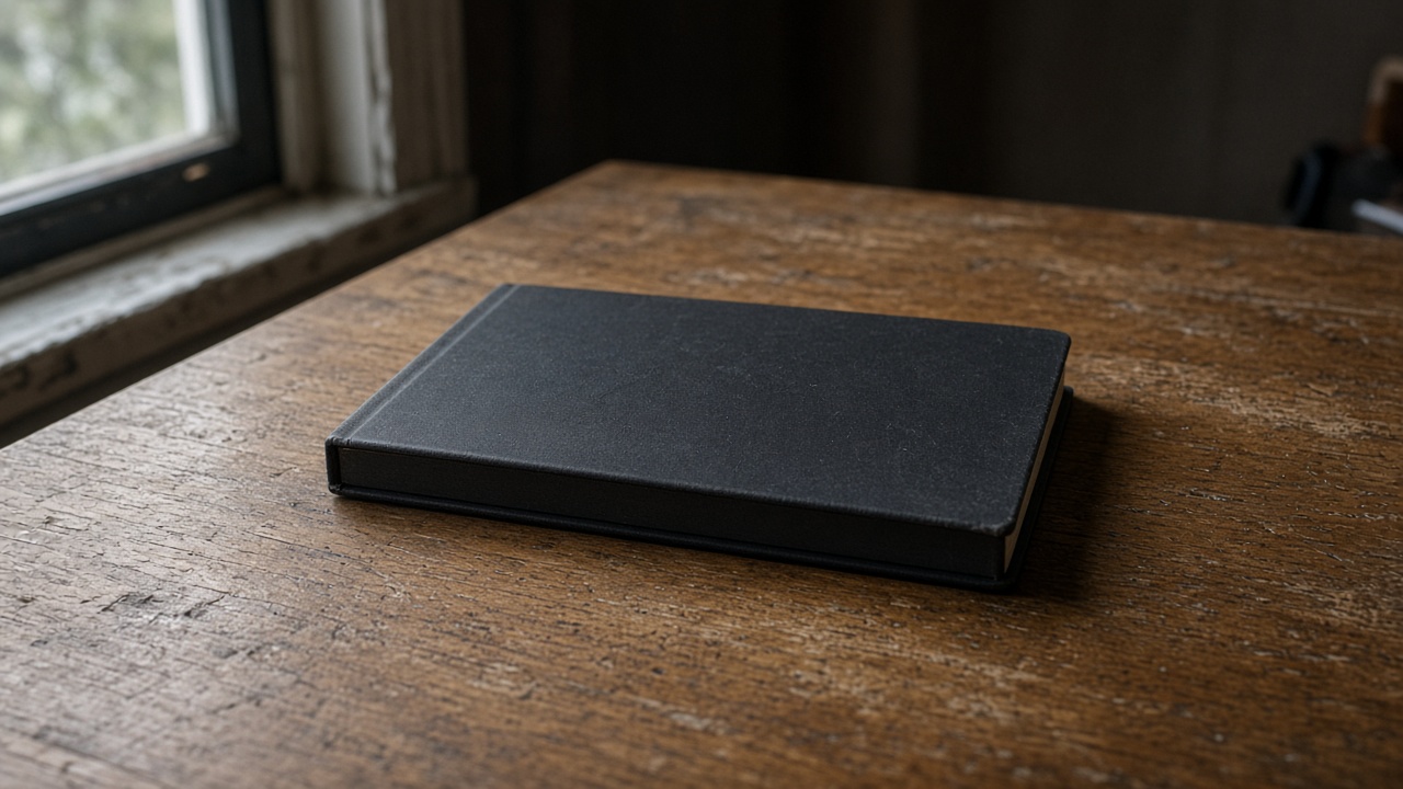Closed unlabeled black hardcover notebook face-down on a wood desk, blank cover, overcast window light, no people, no logos, no readable text