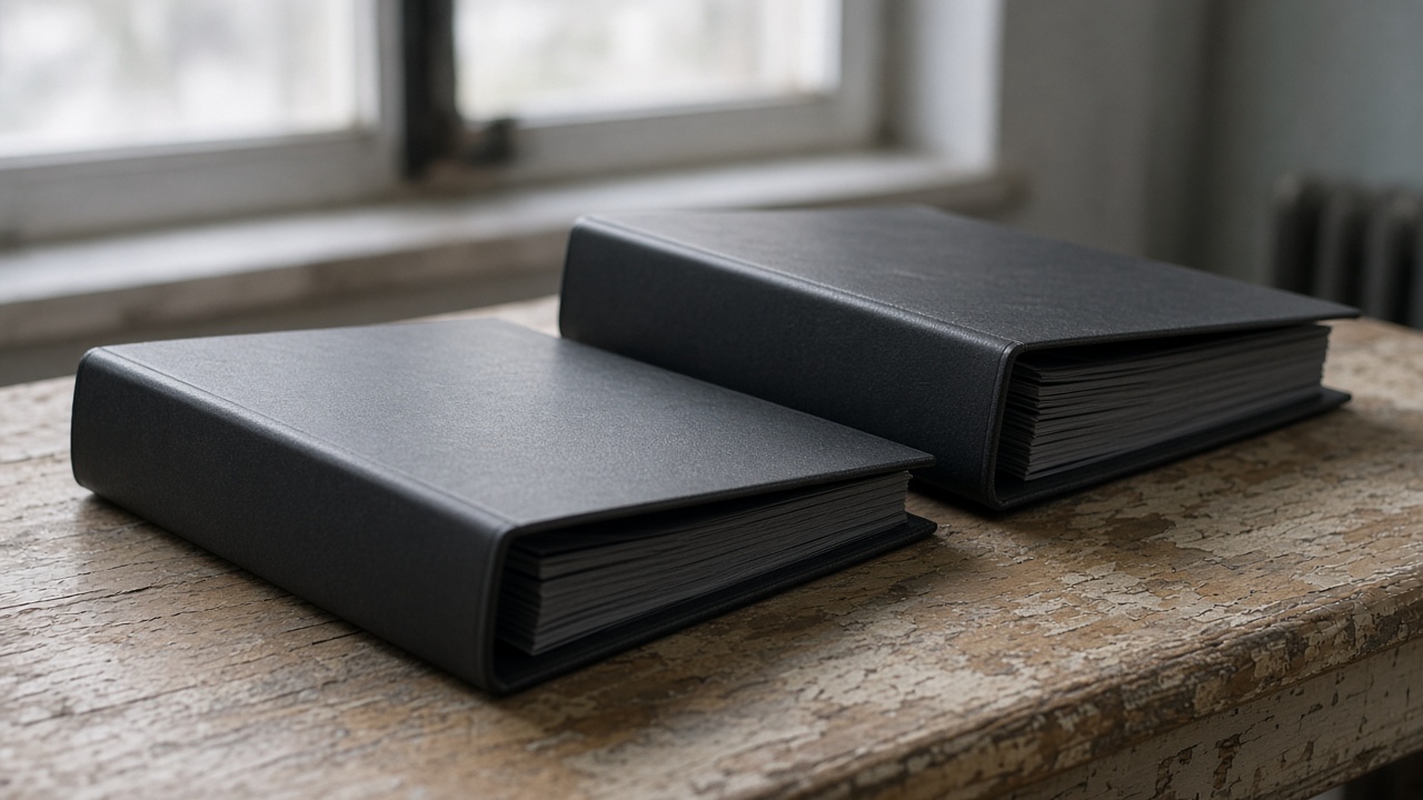 Two closed blank black ring binders on their sides on a wood table, overcast window light, no people, no logos, no readable text
