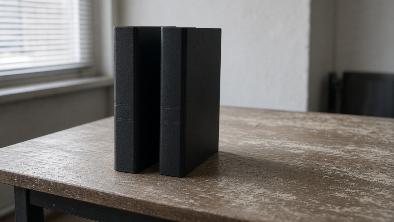 Two closed unlabeled black ring binders standing on a scuffed wood table, blank spines, overcast office light, no people, no logos, no readable text