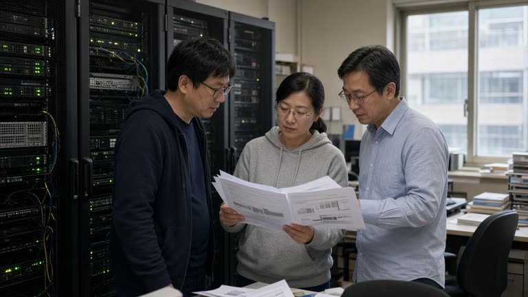 Researchers in a Taiwan academic computing office reviewing language model evaluation printouts beside a rack of storage servers, afternoon window light, no logos or readable text