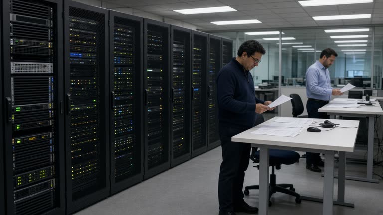 Bank technology operations room with rack servers and blinking status lights, engineers at standing desks reviewing printouts, cool fluorescent light, no logos or readable text