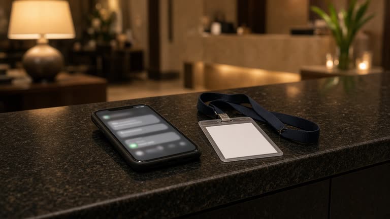 Hotel reception desk with a smartphone showing a blurred message screen and a conference lanyard on the counter, warm lobby lighting, no logos or readable text