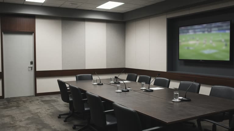 Empty AFL tribunal hearing room with a long table, microphones and water glasses under flat overhead panels, blurred green turf visible on a wall monitor, carpet wear near the door, no logos or readable text