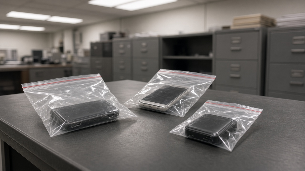 Evidence table with sealed plastic bags holding smartphones and a small hardware wallet, AFP-style office background with fluorescent lighting and blurred filing cabinets, no logos or readable text