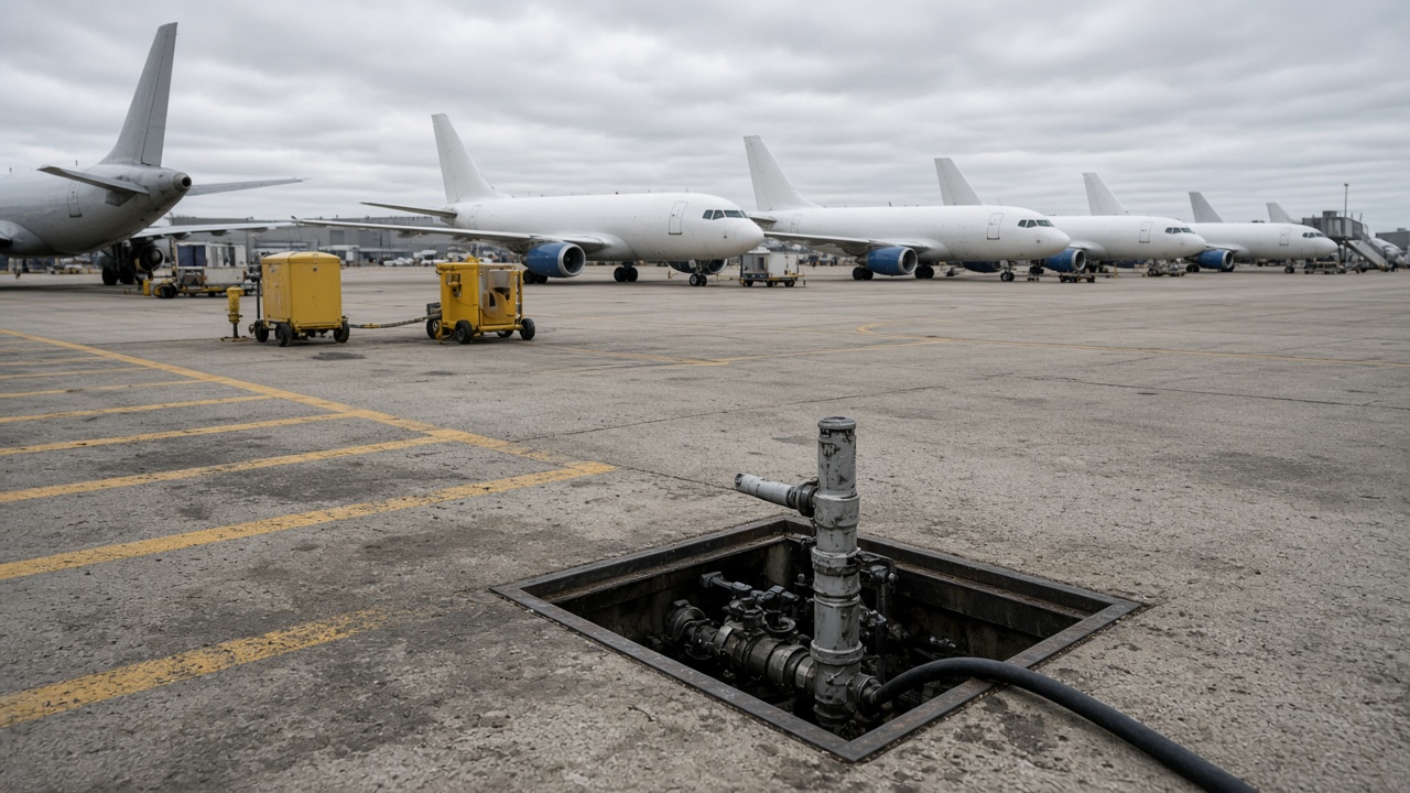 A line of parked narrow-body airliners beside a fuel hydrant pit on a cloudy afternoon at a Midwest hub, ground equipment only, tails partially visible, no logos or readable text