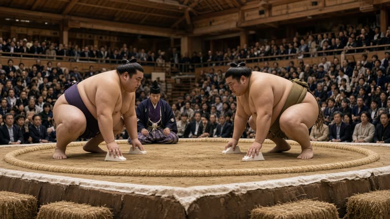 Photoreal wide shot of two large sumo wrestlers in mawashi crouched at the shikiri-sen lines of a raised clay ring inside a wooden-roofed arena, a referee in robes kneeling at the corner, packed spectators in soft focus behind, warm overhead lighting, no logos or readable text.
