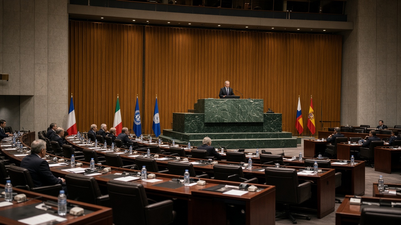 Photoreal wide shot of a sparsely filled United Nations General Assembly hall during a daytime session, one speaker at the green marble lectern and scattered delegates in national rows, warm tungsten light, shallow depth of field, no logos or readable text