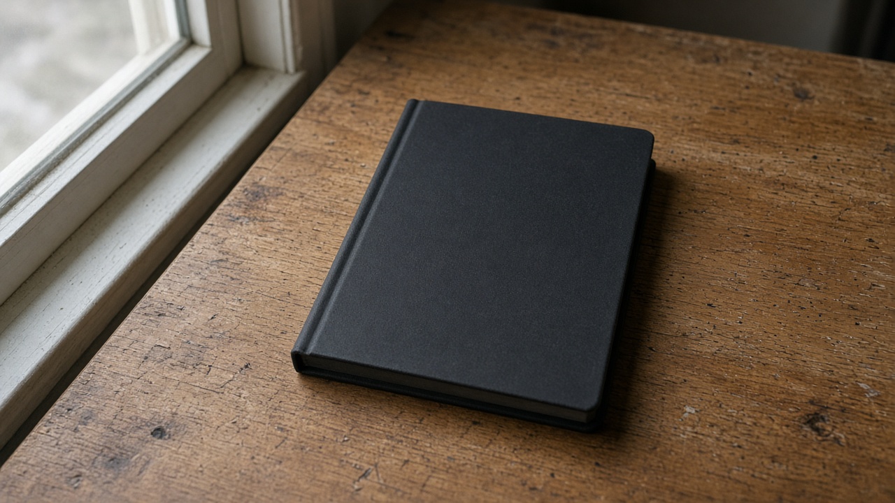 Closed unlabeled black hardcover notebook face-down on a wood desk, blank cover, overcast window light, no people, no logos, no readable text