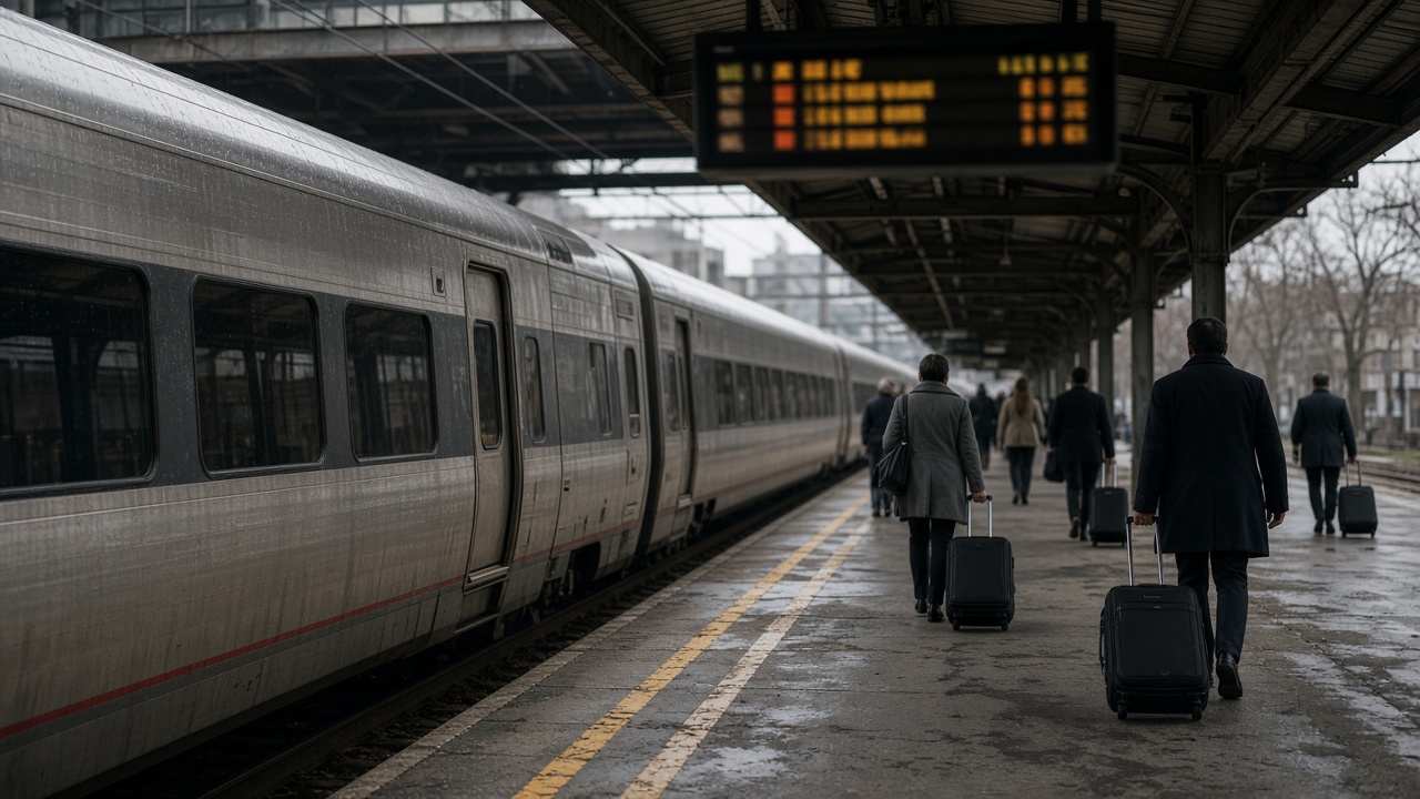 Amtrak Acela train stopped at a Northeast station platform with business travelers rolling suitcases under overcast morning light, worn concrete platform edge and blurred overhead departure display, no logos or readable text