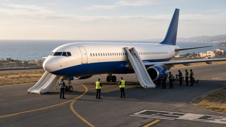 Photorealistic scene of a white and blue passenger jet stopped on a taxiway at a coastal airport in late-afternoon light, emergency slides deployed from the fuselage, ground crew and investigators in plain vests inspecting the right engine area, no logos or readable text.
