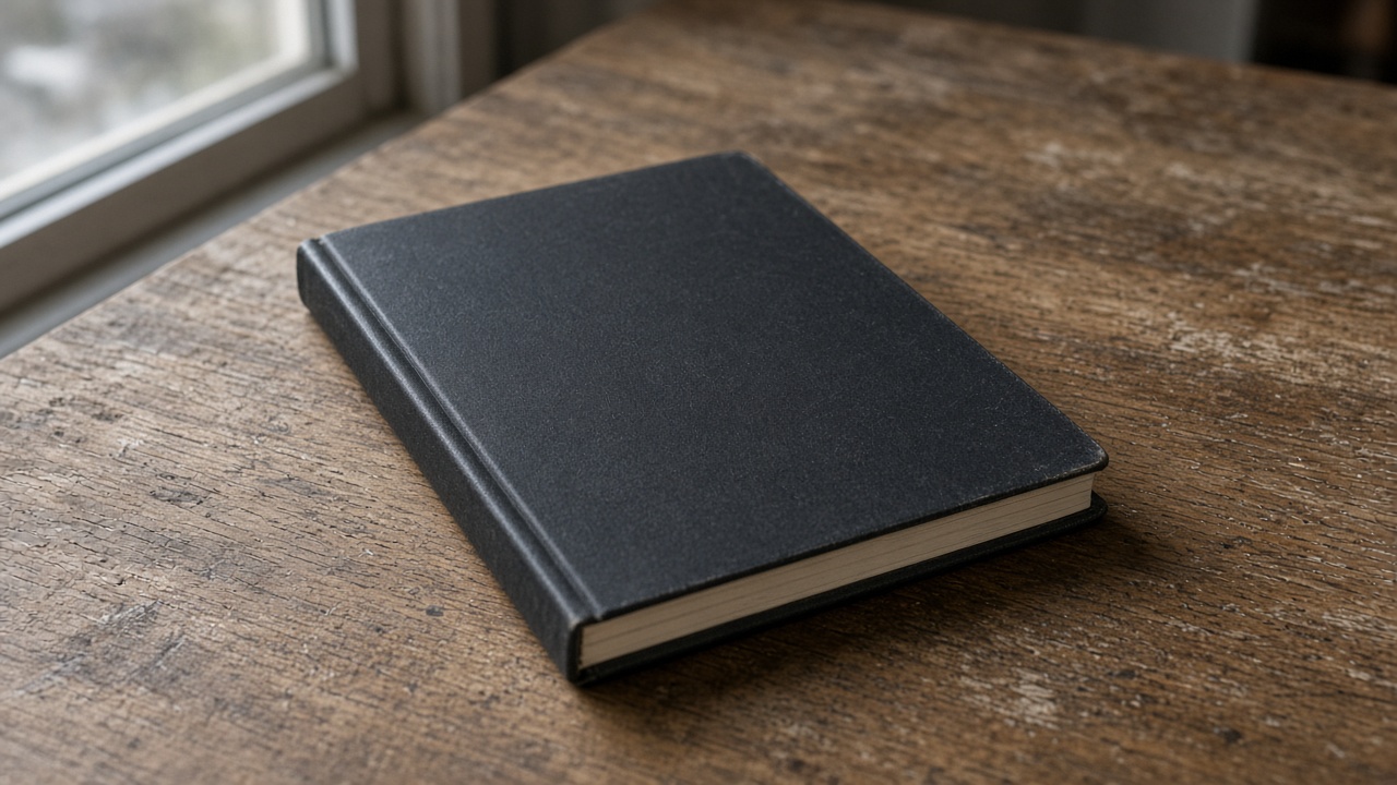 Closed unlabeled black hardcover notebook face-down on a wood desk, blank cover, overcast window light, no people, no logos, no readable text