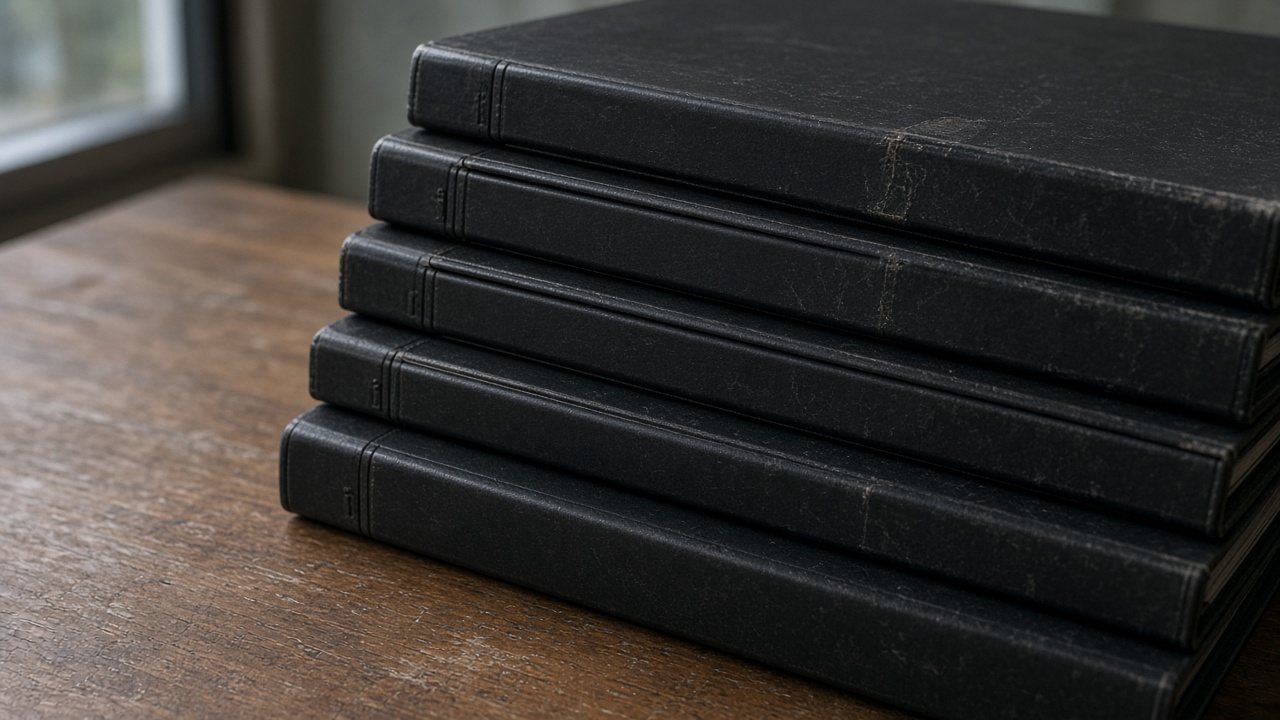 Two closed blank black ring binders on their sides on a wood table, overcast window light, no people, no logos, no readable text