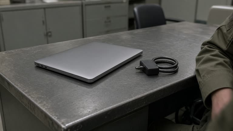 Closed MacBook Pro on a government office steel desk beside a cable lock and muted olive uniform sleeve, overhead fluorescent light, scratched desk surface, no logos or readable text