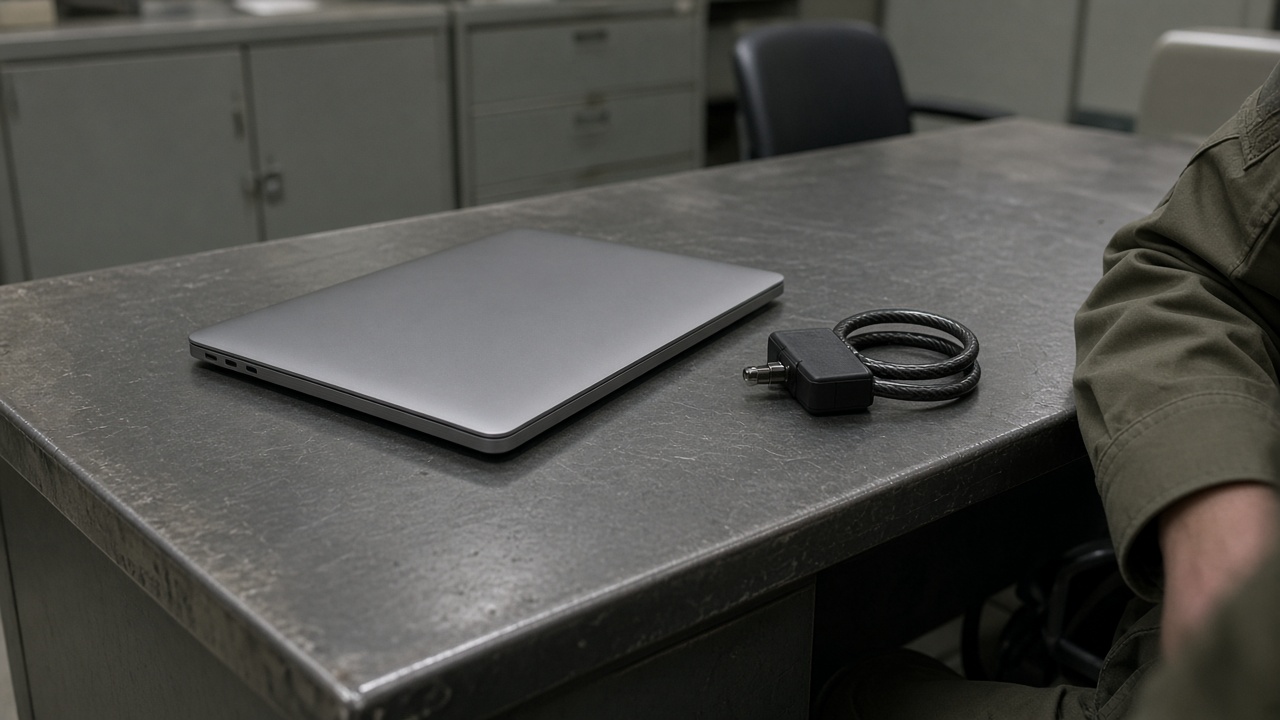 Closed MacBook Pro on a government office steel desk beside a cable lock and muted olive uniform sleeve, overhead fluorescent light, scratched desk surface, no logos or readable text