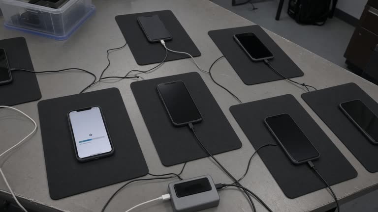 Overhead view of a corporate IT bench with rows of supervised iPhones on anti-static mats, one device showing a software-update progress bar, fluorescent office lighting, scuffed laminate desk, no logos or readable text