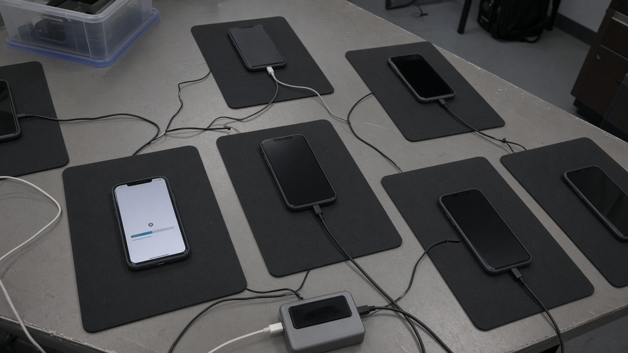 Overhead view of a corporate IT bench with rows of supervised iPhones on anti-static mats, one device showing a software-update progress bar, fluorescent office lighting, scuffed laminate desk, no logos or readable text