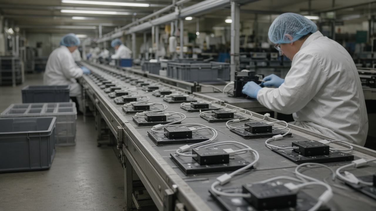 Electronics assembly line with USB-C charging cable harnesses and small power modules on a conveyor under bright factory lights, workers in ESD coats, gray floor and tool bins, no logos or readable text