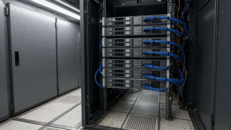 Data-centre cold aisle with open server rack showing CPU trays and blue network cables under fluorescent strip lighting, scuffed raised floor tiles, no logos or readable text